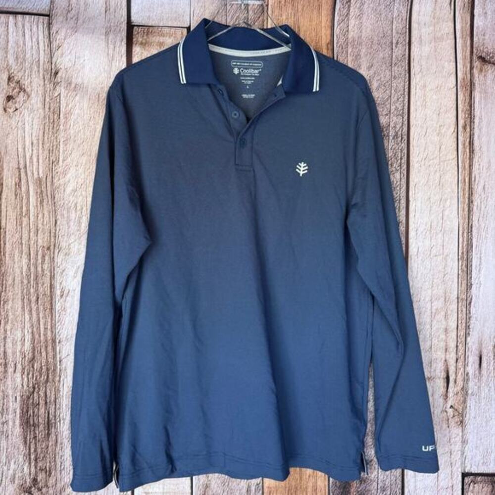 Coolibar Polo Shirt Links Long Sleeve‎ Men Large Blue UPF 50 Sun Protection Golf